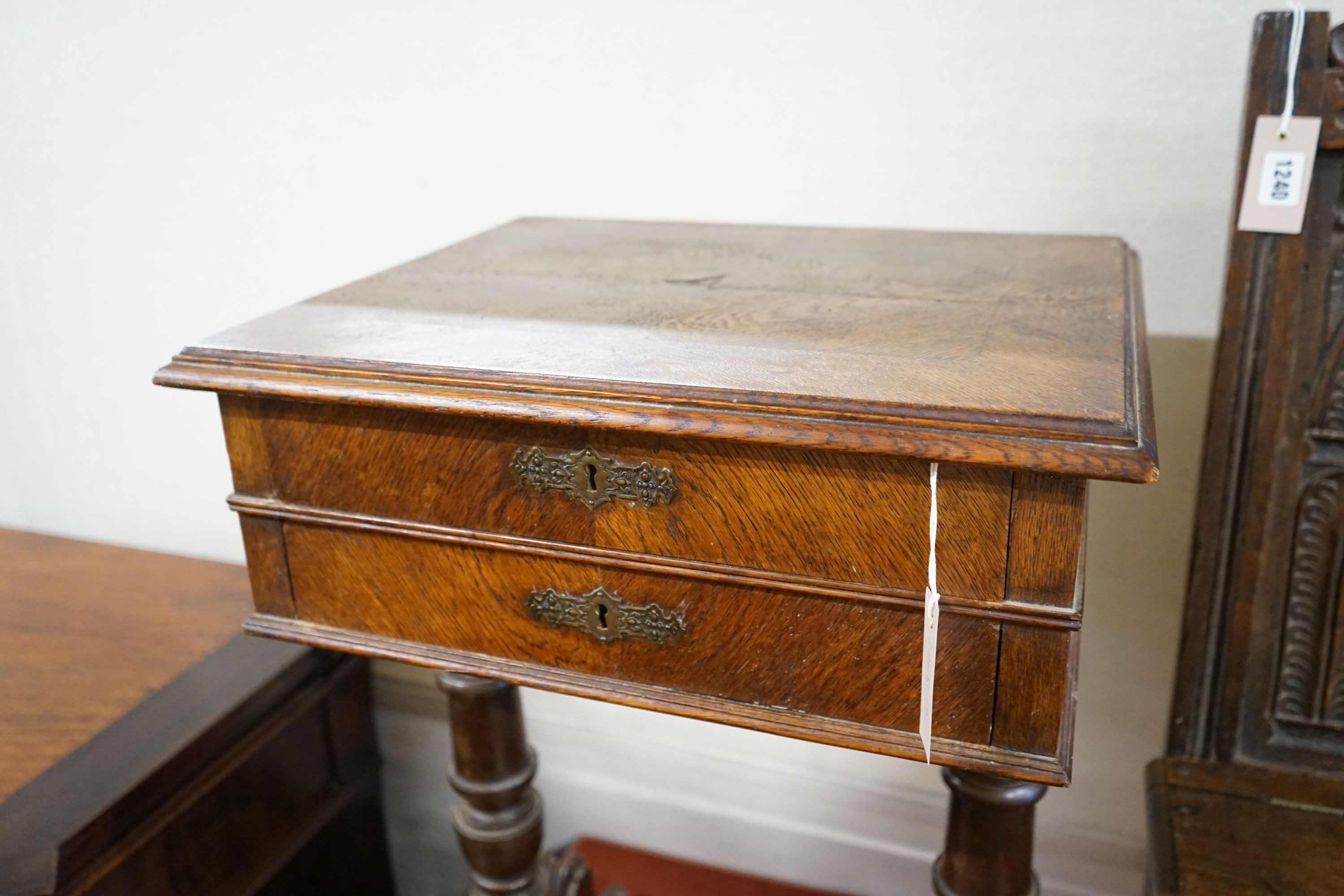 A 19th century French oak work table, width 50cm, depth 42cm, height 77cm